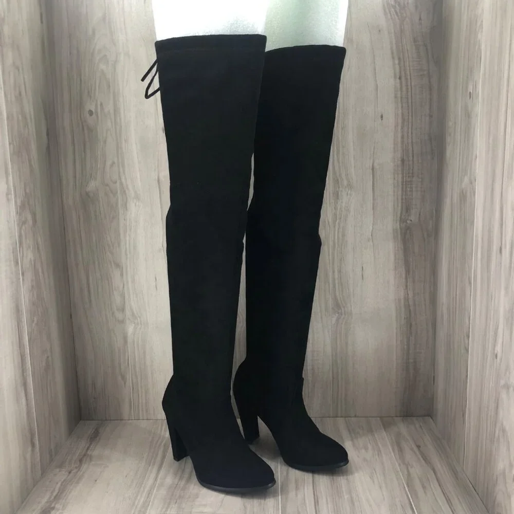 Over The Knee Boots EU 38 Black Faux Fur Lined OTK Slip On